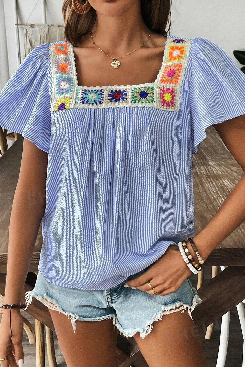 Alba® | Sky blue striped boho blouse with crochet appliqué