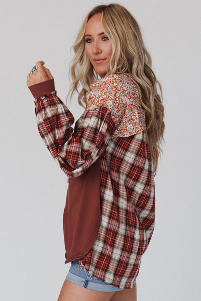 Fiona® | Red top with mixed check and floral print