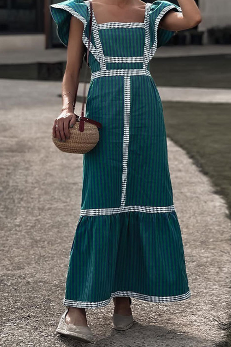 Keira® | Casual elegant plaid patchwork flounce square collar A-line dresses