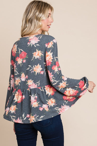 Ariana® | Super Lady Full Size Floral Print Long Sleeve Babydoll Blouse