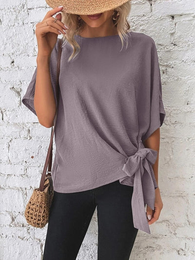 Alejandra® | Knotted, mid-length blouse with a round neckline