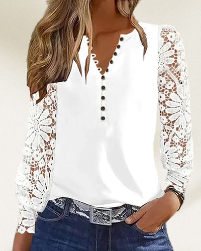 Alexandra® | Button-down blouse with lace sleeves for women