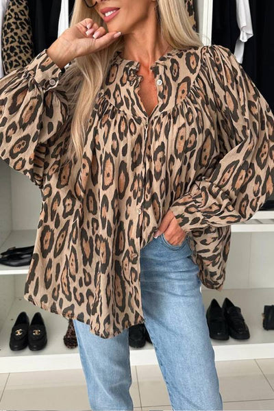 Agustina® | Light beige loose leopard print blouse with balloon sleeves