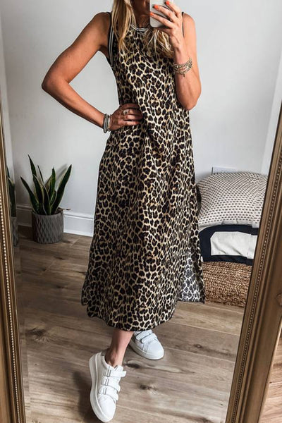 Madison® | Black sleeveless midi dress with contrast stripe trim and leopard print
