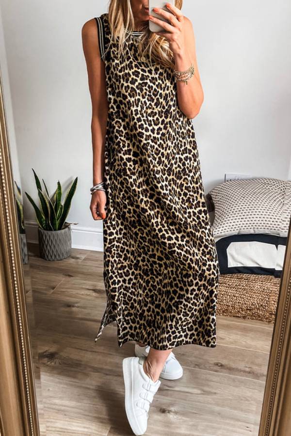 Madison® | Black sleeveless midi dress with contrast stripe trim and leopard print