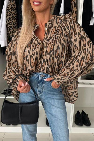 Agustina® | Light beige loose leopard print blouse with balloon sleeves