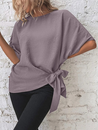 Alejandra® | Knotted, mid-length blouse with a round neckline