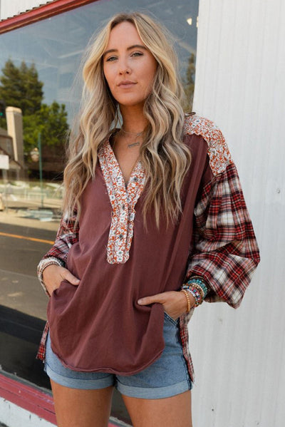 Fiona® | Red top with mixed check and floral print