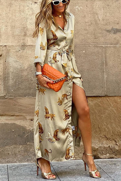 Luz Maria® | Trending now: tiger print satin shirt maxi dress