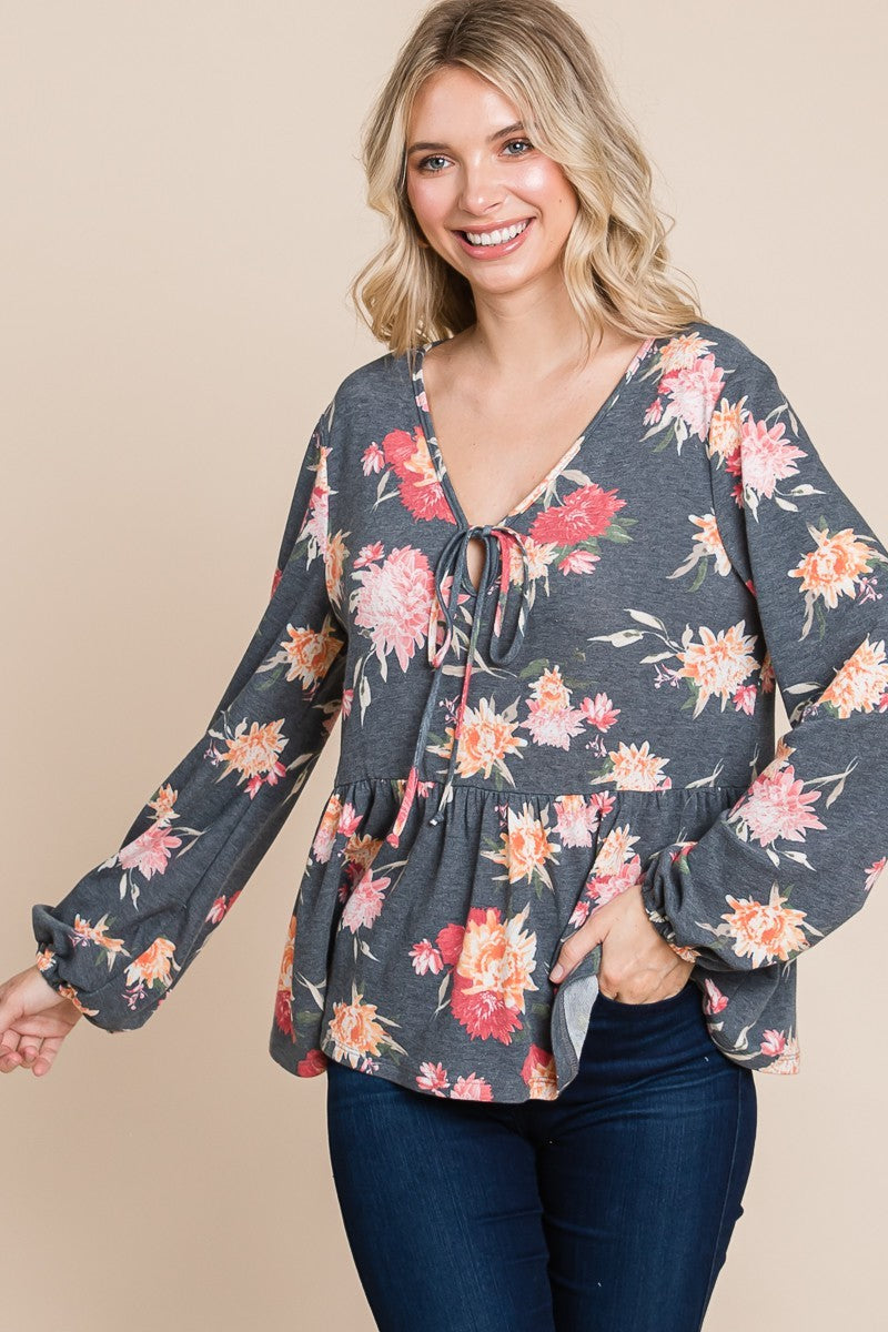 Ariana® | Super Lady Full Size Floral Print Long Sleeve Babydoll Blouse