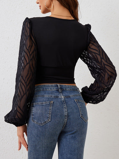 Alicia® | Long-sleeved blouse with lace patchwork and a deep neckline