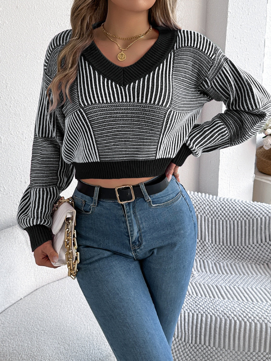 Adeline® | Striped long-sleeved sweater with V-neck