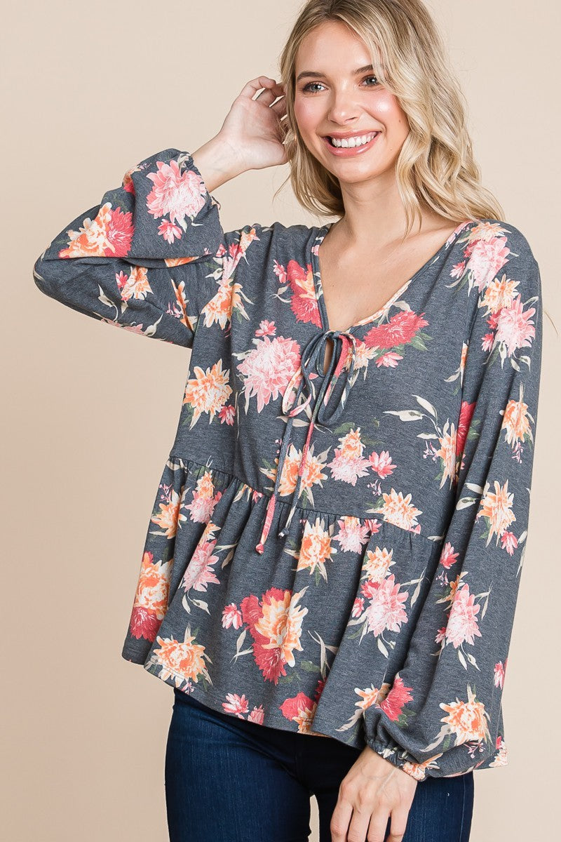 Ariana® | Super Lady Full Size Floral Print Long Sleeve Babydoll Blouse