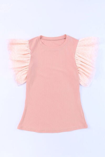 Angeline's® | Ruffled blouse with a round neckline and cap sleeves