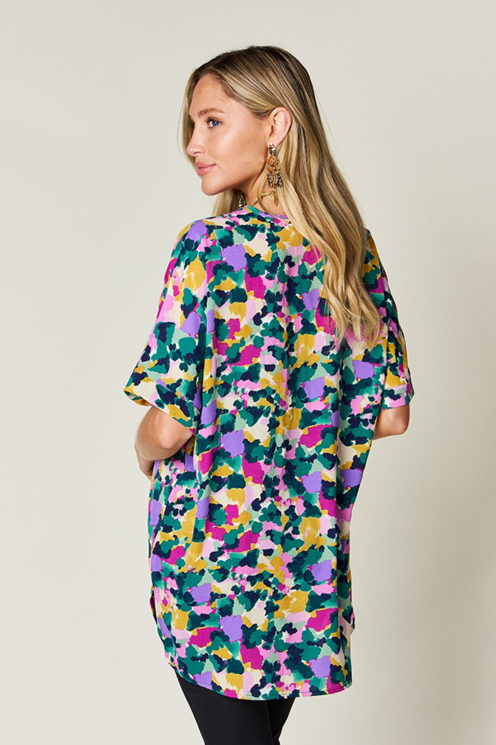 Macarena® | Double Take Printed V-neck short sleeve top with full size side slits