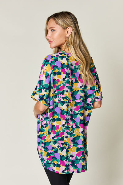 Macarena® | Double Take Printed V-neck short sleeve top with full size side slits