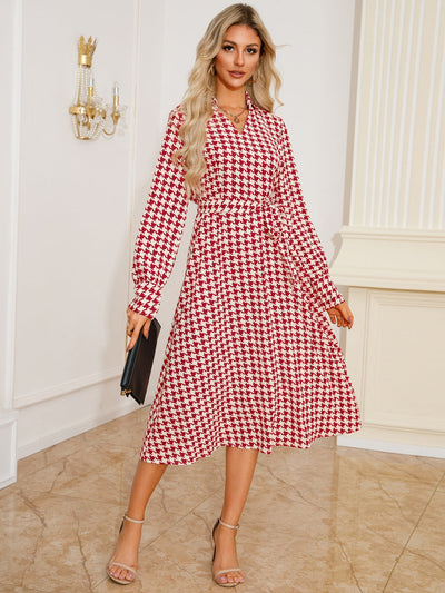 Abigail® | Long sleeve houndstooth lace-up midi dress