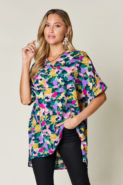 Macarena® | Double Take Printed V-neck short sleeve top with full size side slits