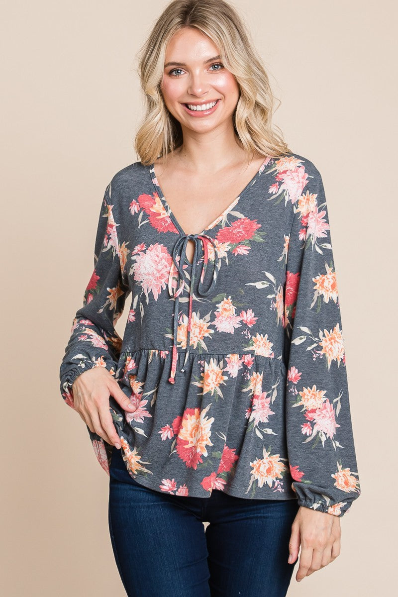 Ariana® | Super Lady Full Size Floral Print Long Sleeve Babydoll Blouse