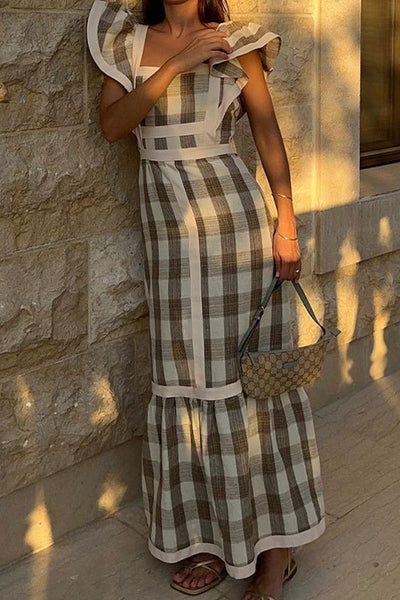 Keira® | Casual elegant plaid patchwork flounce square collar A-line dresses