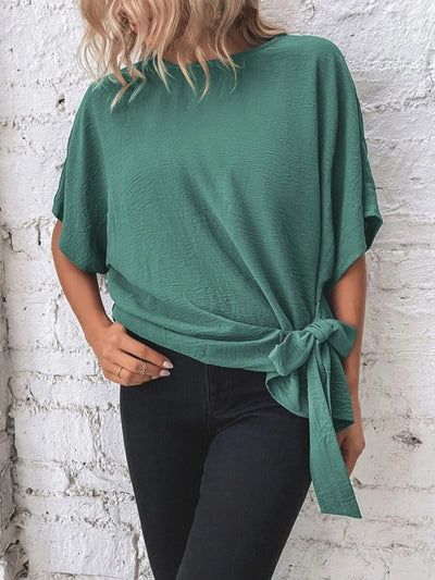 Alejandra® | Knotted, mid-length blouse with a round neckline