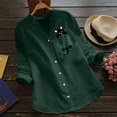 Anaid® | Long-Sleeved Cotton Blouse With V-Neck And Cat Print