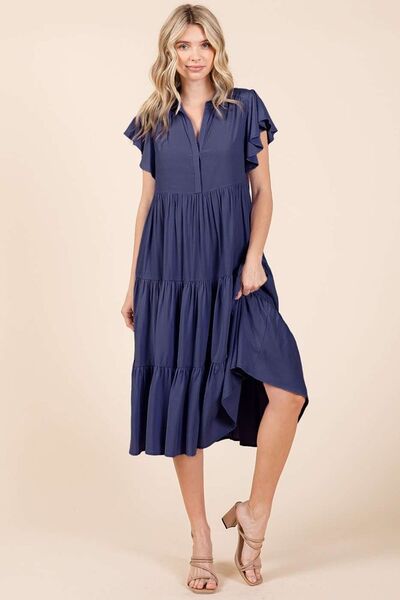 Macarena® | Tiered midi dress with ruffle sleeves, collar and V-neck