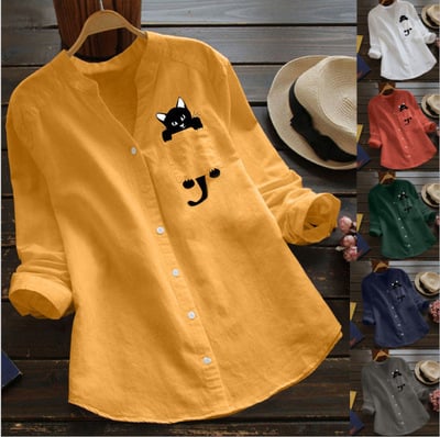 Anaid® | Long-Sleeved Cotton Blouse With V-Neck And Cat Print