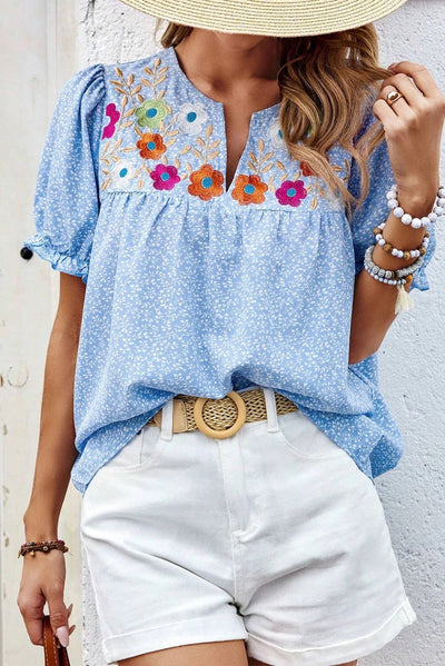Andrea® | Sky blue floral embroidered notched V-neck blouse with puff sleeves