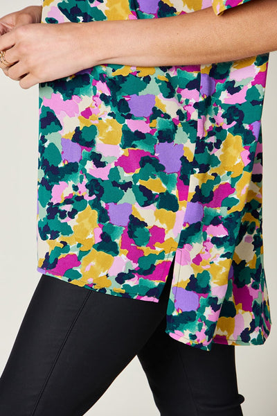 Macarena® | Double Take Printed V-neck short sleeve top with full size side slits