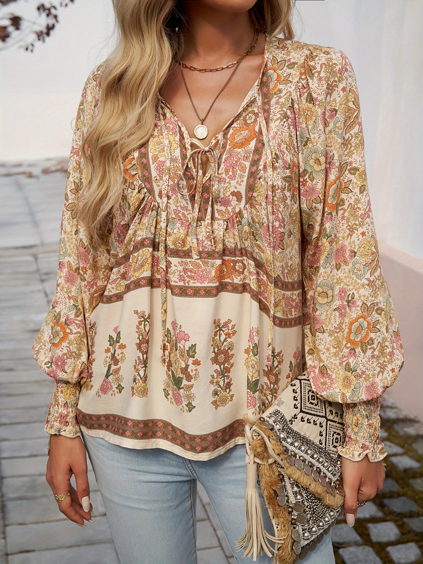 Brenessa® | Floral Blouse With V-Neck And Drawstring