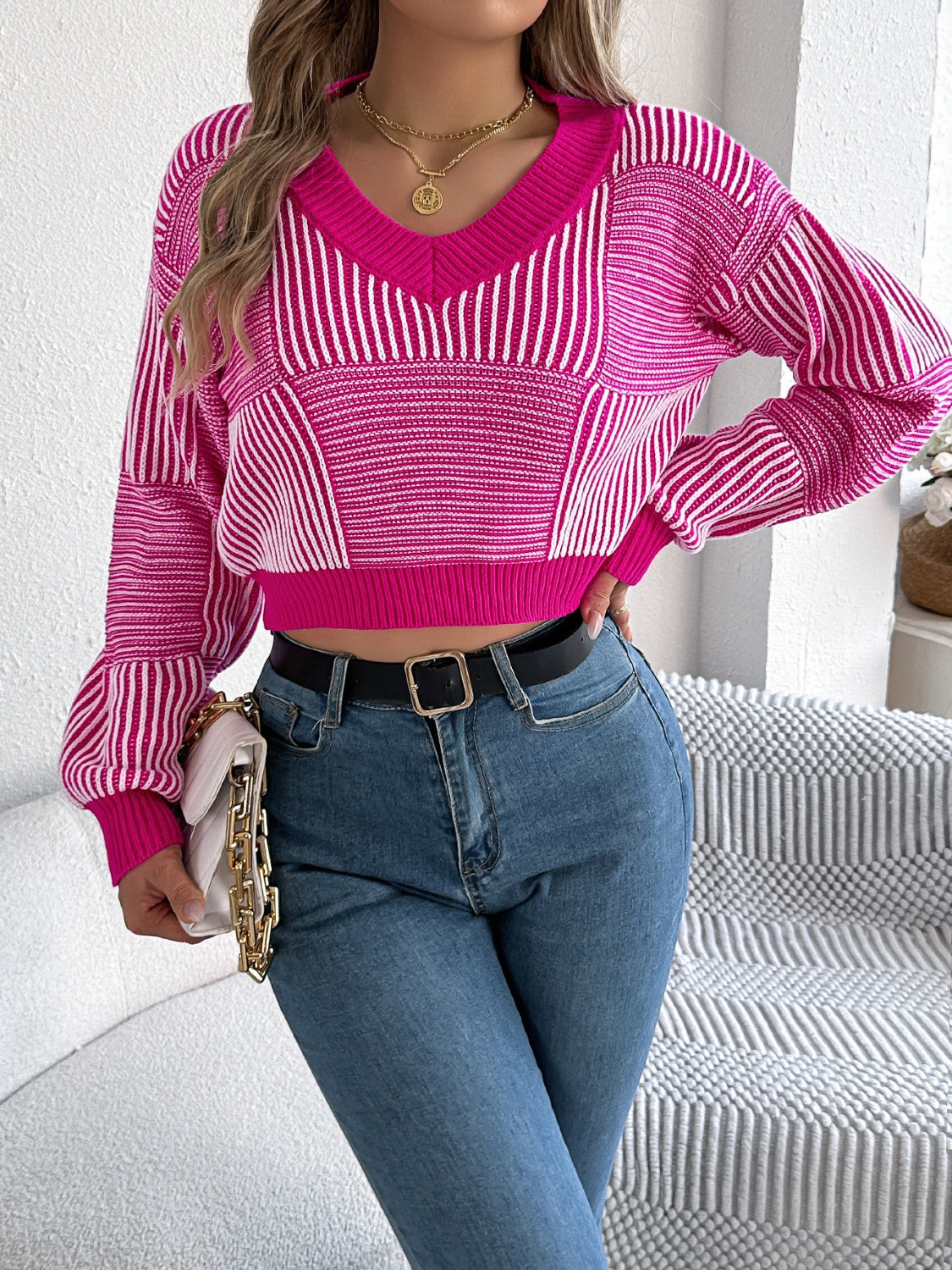 Adeline® | Striped long-sleeved sweater with V-neck