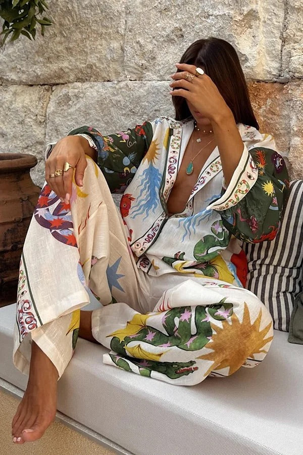 Antonella® | Bohemian Beauty long sleeve loose shirt and elastic waist pants set with unique print