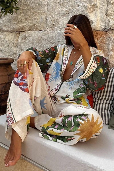 Antonella® | Bohemian Beauty long sleeve loose shirt and elastic waist pants set with unique print