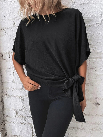 Alejandra® | Knotted, mid-length blouse with a round neckline