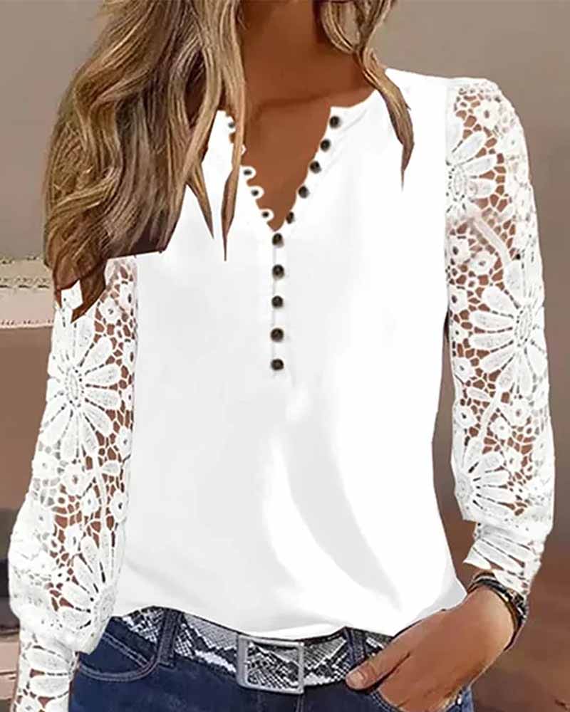 Alexandra® | Button-down blouse with lace sleeves for women