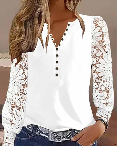 Alexandra® | Button-down blouse with lace sleeves for women