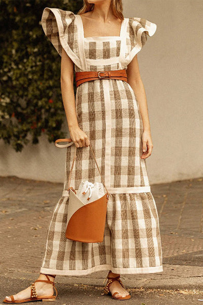 Keira® | Casual elegant plaid patchwork flounce square collar A-line dresses