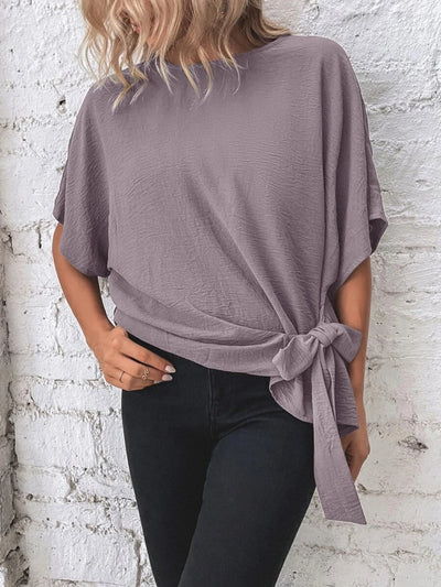 Alejandra® | Knotted, mid-length blouse with a round neckline