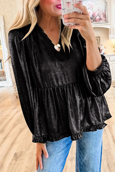 Jenna® | Velvet ruffle babydoll blouse with V-neck and puff sleeves