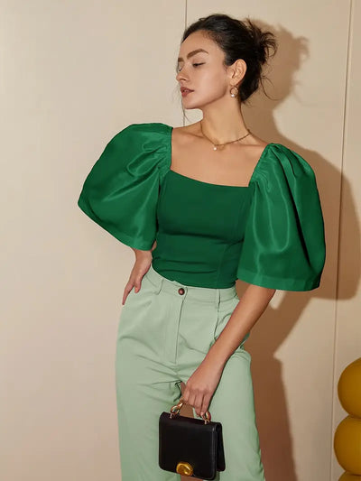 Ersilia® | Elegant Satin Blouse With Puff Sleeves