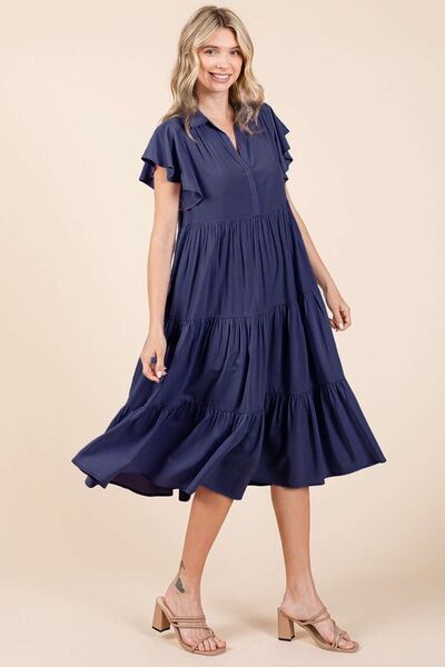 Macarena® | Tiered midi dress with ruffle sleeves, collar and V-neck