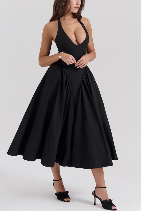 Lilly® | Solid A-line halter midi dresses with deep V-neck