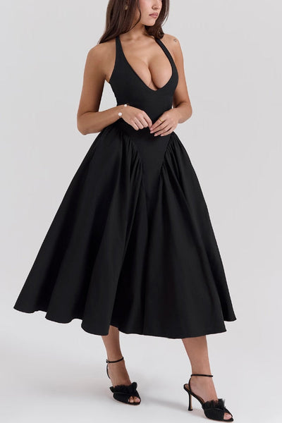 Lilly® | Solid A-line halter midi dresses with deep V-neck