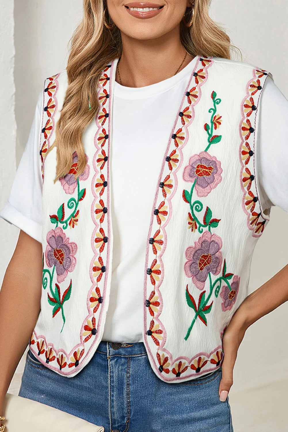 Madeleine® | White cardigan with boho floral embroidery
