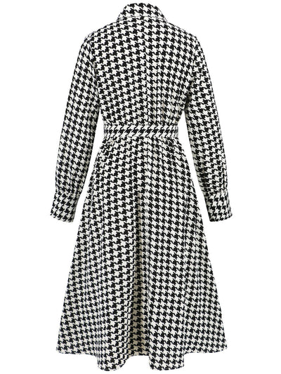 Abigail® | Long sleeve houndstooth lace-up midi dress