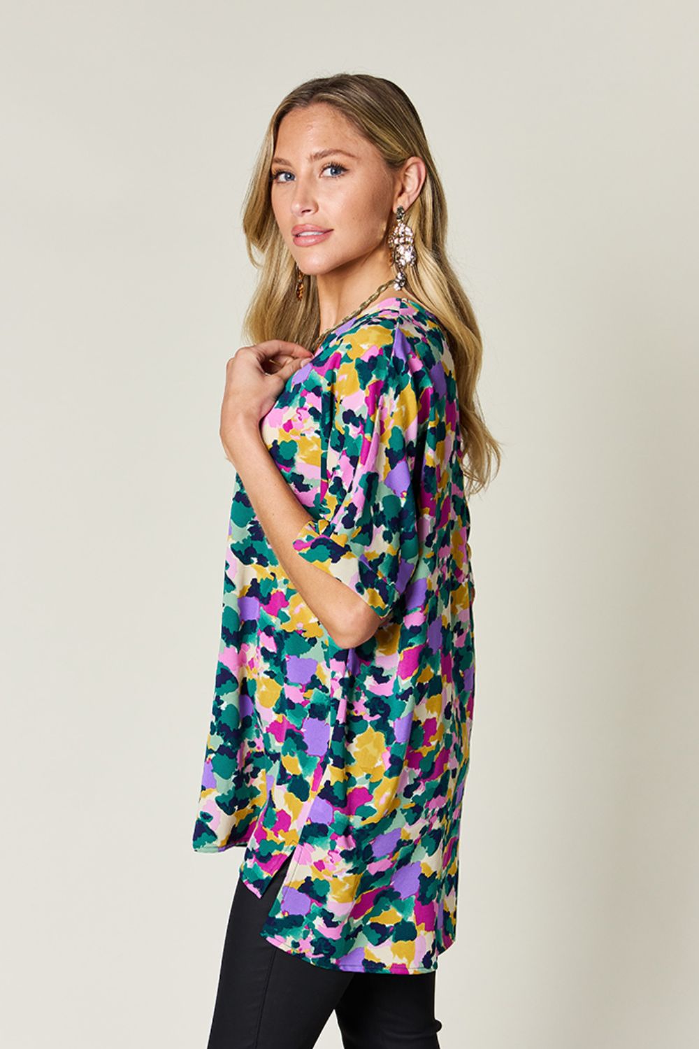 Macarena® | Double Take Printed V-neck short sleeve top with full size side slits
