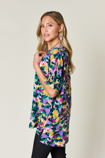 Macarena® | Double Take Printed V-neck short sleeve top with full size side slits