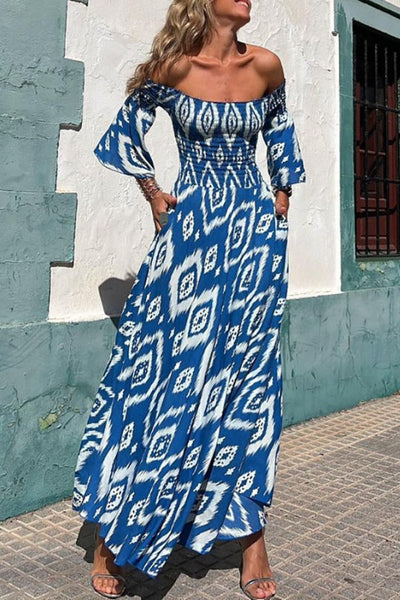 Madeline® | Smocked, off-the-shoulder maxi dress with ethnic print and pockets