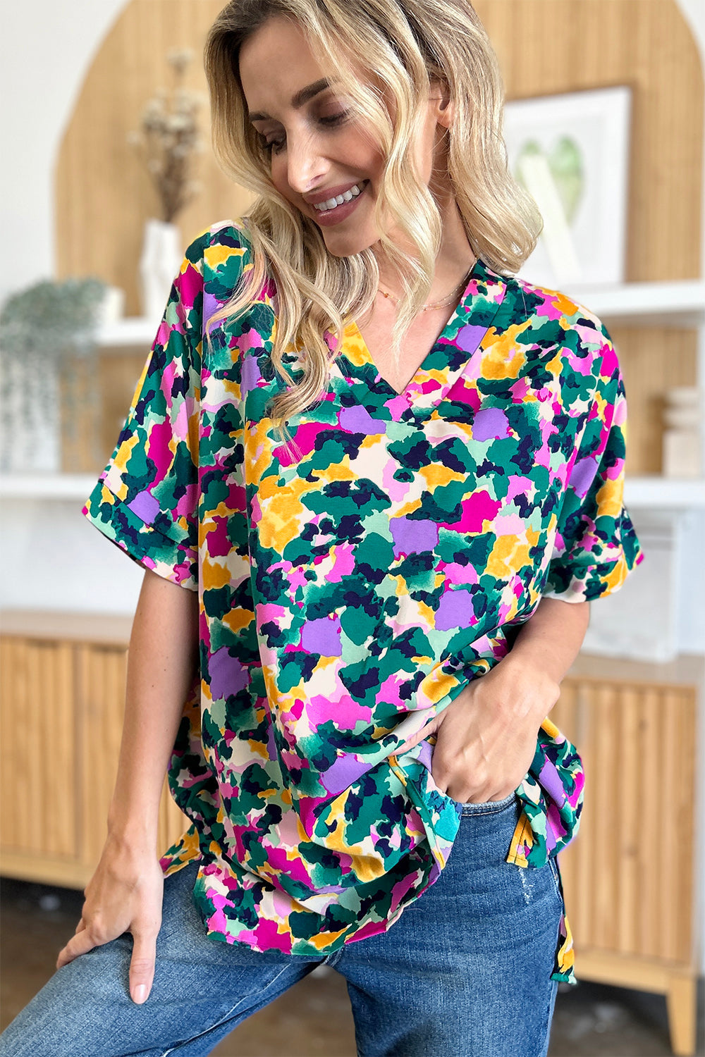 Macarena® | Double Take Printed V-neck short sleeve top with full size side slits